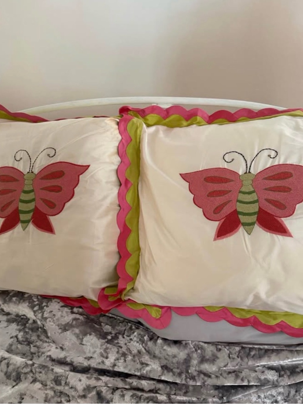 Butterfly Embroidered Pillow Shams in Pink and Green